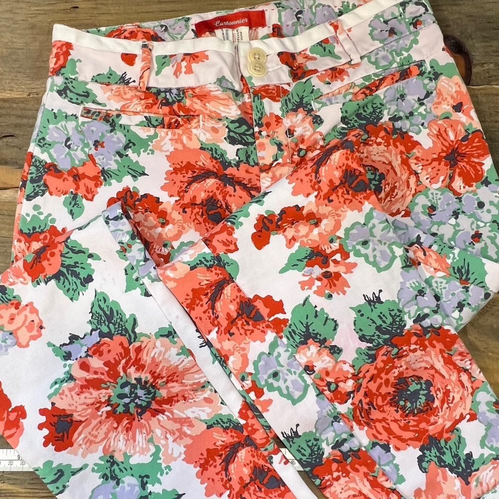 Anthropologie Cartonnier Orange Green Floral Print Cropped Pants Women Size 4 SM